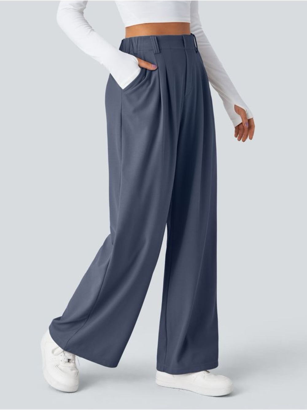 Halara Flex™ High Waisted Pocket Wide Leg Waffle Work Pants in Blue Size SP